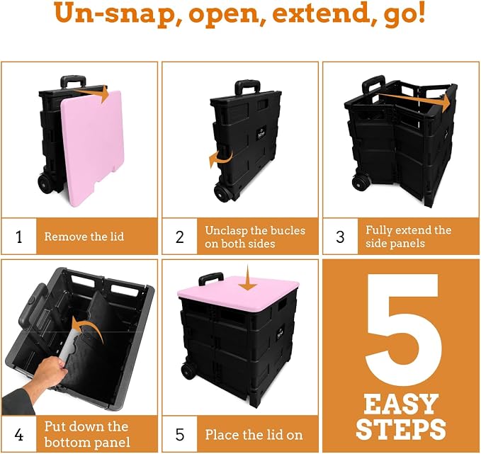 Collapsible Ultra-Slim Pack-N-Roll,2 Wheel Utility Cart w/Lid Used as Seat up to 250 Lbs, Telescopic Handle, Super Strong, for Home,Garden,Shopping,Office,School, Large, Pink & Black