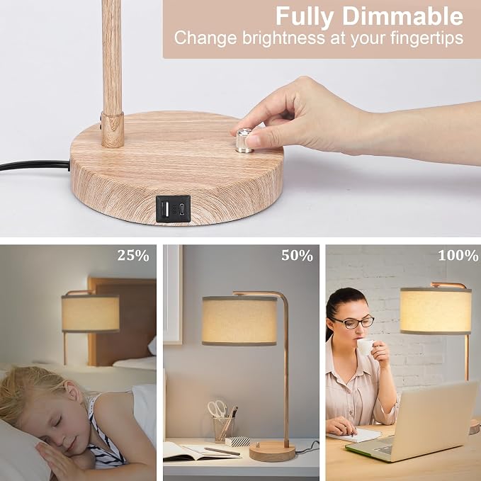 Farmhouse Table Lamp, Fully Dimmable Tall Bedisde Lamp with USB C+A Ports | 25" Modern Nightstand Lamp with Wood Grain Metal Base, Desk Reading Lamp for Living Room Bedroom Office, LED Bulb Included