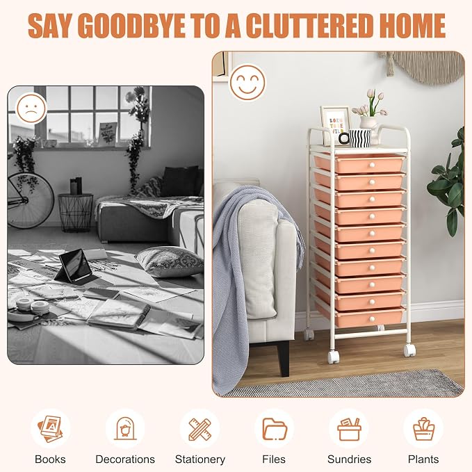 COSTWAY 10-Drawer Rolling Storage Cart, Utility Mobile Trolley | Removable Drawers & Universal Casters & 2 Brakes, Versatile Flexible Drawer Organizer Cart for Home, Office (Peach)