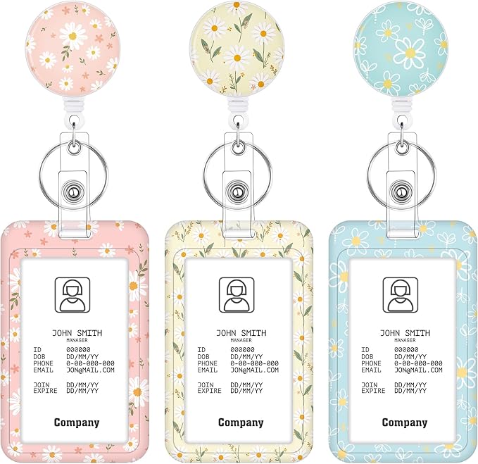 3 Set Floral Badge Holder Retractable Reel ID Badge Holders with Clip Cute Name Badge Holders for Teacher Nurse Doctor Student Office Workers