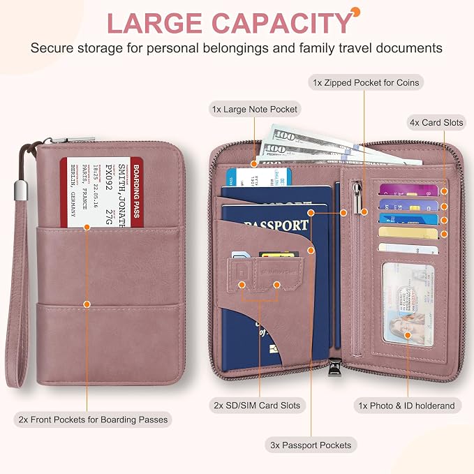 RFID Family Passport Holder Wallet - Travel Document Organizer | PU Leather, with Wristlet, Zipper, Cards, Boarding Pass, ID, Cash, Ticket Pockets,Travel Essentials Gifts for Women Men