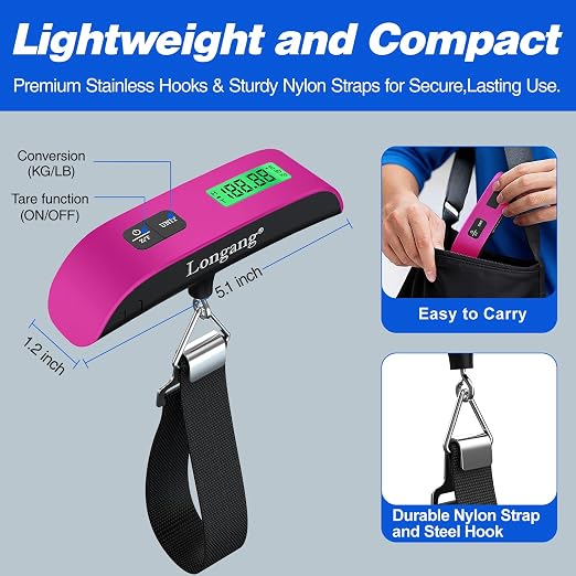 Digital Hanging Luggage Scale with Backlit for Travel, Portable Handheld Suitcase Weight Scale with Hook, 110 Pounds, Battery Included