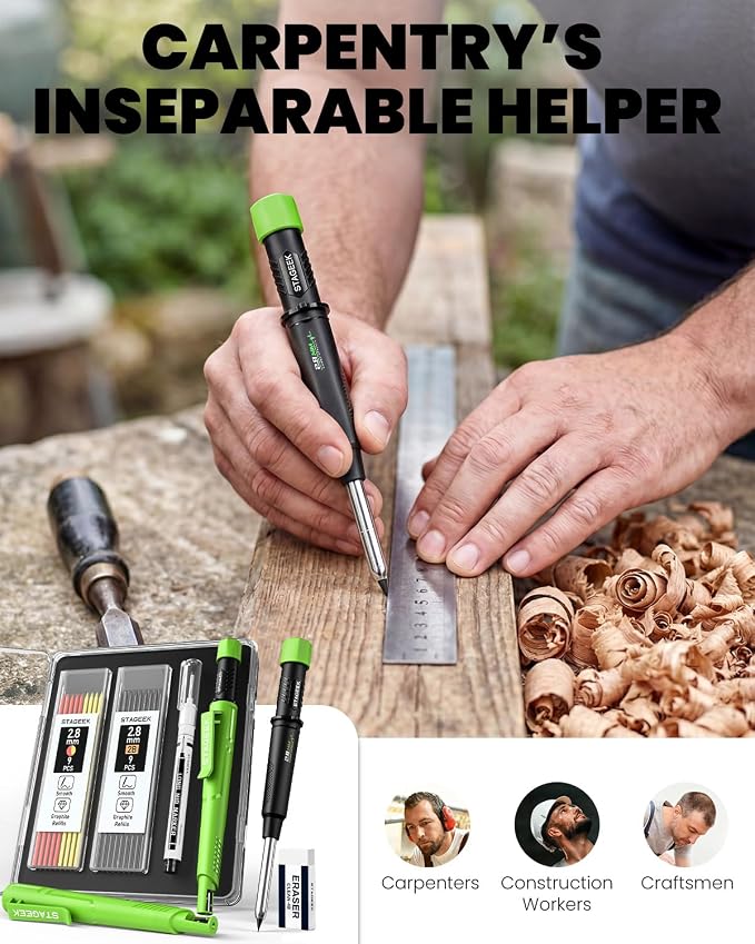 STAGEEK 2.8mm Mechanical Carpenter Pencils with Sharpener, Storage Case | 19 Refills, Construction Pencil Heavy Duty Woodworking Tools, Waterproof Deep Hole Long Nib Marker Pens for Architect Marking