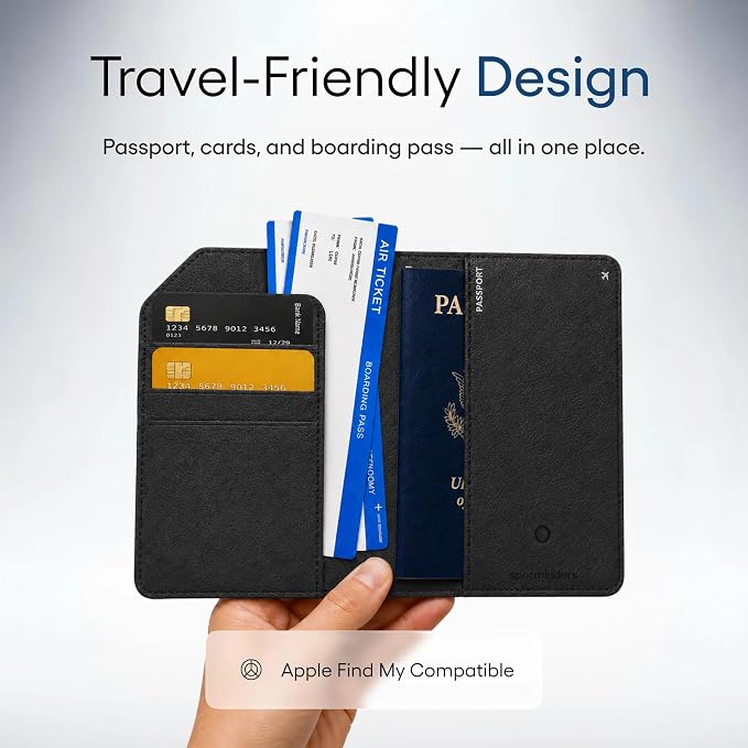 Apple MFi Certified Trackable Passport Holder for Travel (iOS Only) Works with Apple Find My, Rechargeable Passport Cover Air 3-Year Battery Life, Black RFID Blocking Travel Wallet Gift