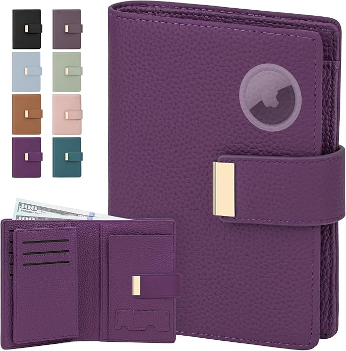 BKNOOU Passport Holder with Airtag Slot Travel Wallet Compact for Women Men, Leather Passport Wallet RFID Blocking Passport Holder for Travel with Zipper Coin Pocket, Holder Cash, Card (Purple)