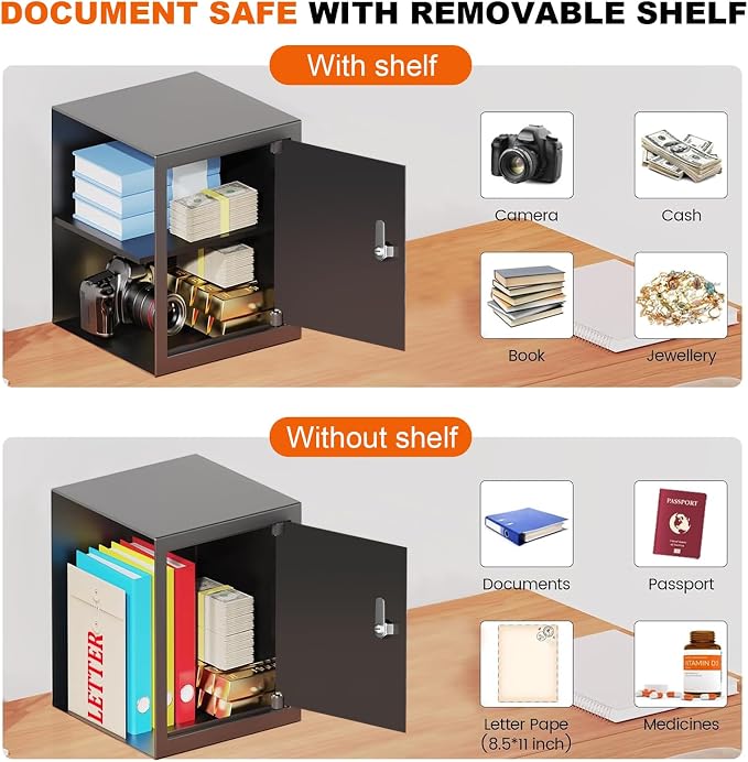 2.6 Cubic Feet Fireproof Safe Box with Key Lock, Hidden Steel Security Box with Removable Shelf for Cash, Documents and Passports, Personal Safes for Home/Office, 13.78" W x 12.99" D x 16.54" H