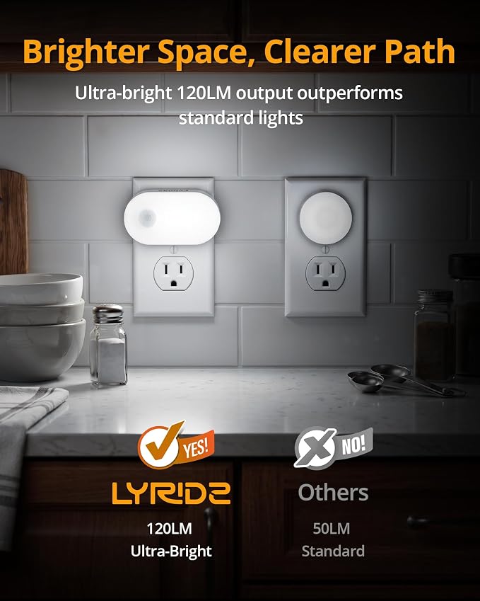 Lyridz 120LM Ultra Bright Plug-in Motion Sensor Night Light, Stepless Dimmable LED Nightlight, Always-On and Auto-Off, for Hallway, Stairs, Bathroom, Bedroom, Garage, Cool White (2-Pack)