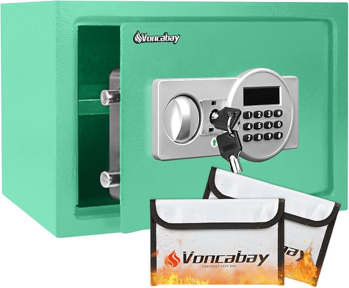 Voncabay Money Safe Box for Home with Digital Keypad, 0.8 Cu. Ft., Green | Alloy Steel, 2 Fireproof Bags, Digital Keypad with Display, Removable Shelf, Fits A4, 13.8 x 9.85 x 9.85 In.