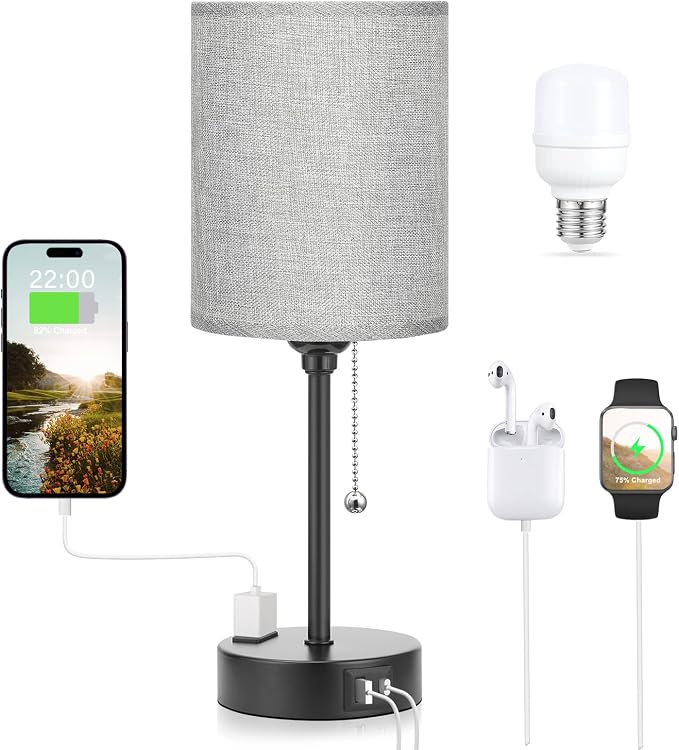 Small Bedside Table Lamp for Bedroom - Desk Lamp with USB Ports for Dorm | USB A+C Ports, AC Outlet, 3 Color Temperatures, LED Bulb Included, Grey Fabric Shade, Matte Black Base, 14" Night Stand Lamp