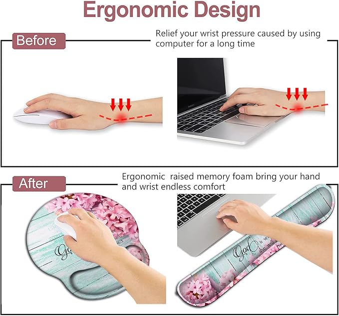 Mouse Pad with Wrist Support, Ergonomic Gel Mouse Pad Beautiful Flowers,Pink Hyacinths on Wood Panel，Non-Slip Durable, Memory Foam Keyboard Wrist Rest, Suitable for Office Typing Games