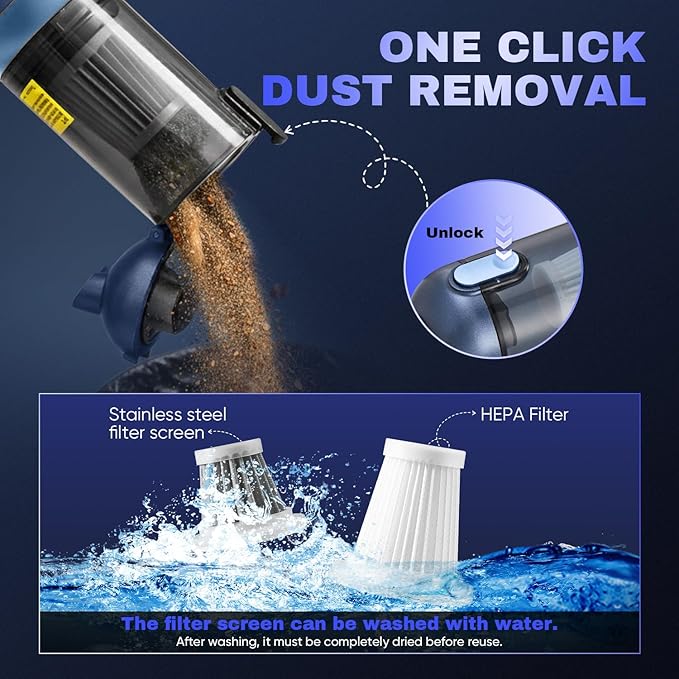 Saker Car Vacuum Portable Cordless 20000Pa Suction Power 4 in 1 Handheld Vacuum with LED Light Type-C Portable Mini Vacuums for Valentine's Day Gifts Car, Home, Office, Pet HL157 Blue