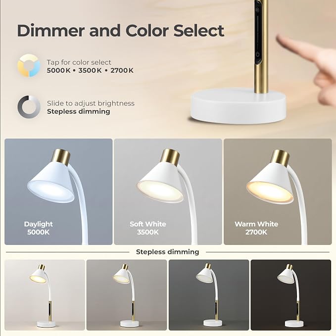 Globe Electric 15" LED Integrated Matte White Desk Lamp with Matte Brass Accent and Adjustable Silicone Gooseneck