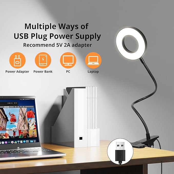 Woputne Desk Lamp Clip on Light for Bed Book Reading (Black) | 10 Dimmable Brightness 3 Light Modes Desk Lights for Home Office Clamp Bedside Lamp for Painting, Craft, Study