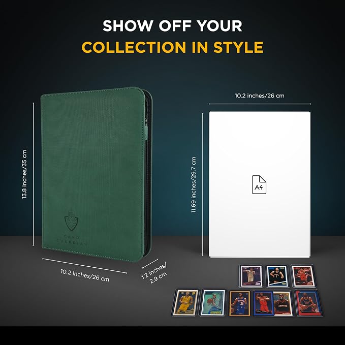 Card Guardian - 9 Pocket Premium Binder with Zipper for 360 Cards Trading Card Games TCG (Green) Side Loaded Pockets Compatible with Yugioh Cards MTG Binder Sports Card Binder