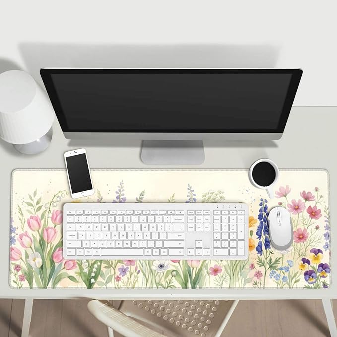 Watercolor Flowers Gaming Mouse Pad Extended Desk Mat 31.5x11.8in | Gaming Mousepad, Non-Slip Rubber Base, Large Keyboard Pad with Stitched Edges, Desktop Protector, for Office Home