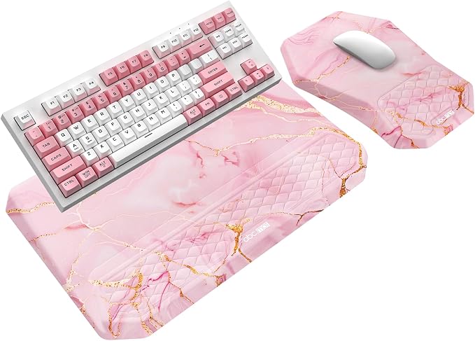 3-in-1 Ergonomic Keyboard Stand with Wrist Rest & Mouse Pad Set,Pink Marble | Comfy Keyboard Riser Holder Soft Mousepad with Massage Design, Memory Foam and Non-Slip PU Base for Pain Relief