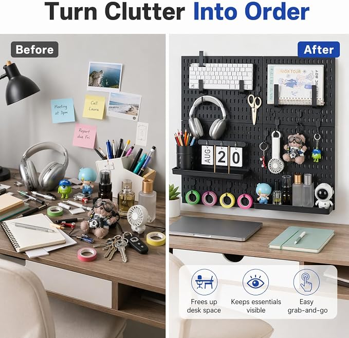 Pegboard Wall Organizer Kit – Heavy Duty 20lbs Load Bearing, Easy Installation, 4 Peg Board Panels 14 Accessories – Multi-Surface Use For Garage, Office, Kitchen & Crafts (Black Pegboard,24″×24″) | 24 x 24 Inch Modular Peg Board Panels with 14 Accessor...