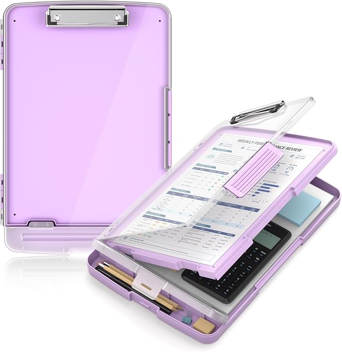 Clipboard with Storage and Pen Holder, Light Purple 8.5 x 11'' Folder Side Open, Heavy Duty with Dual Compartment, Clear Dry Erase for Coach, Size 14.5 x 9.8 x 1.5'', Office & School Supply