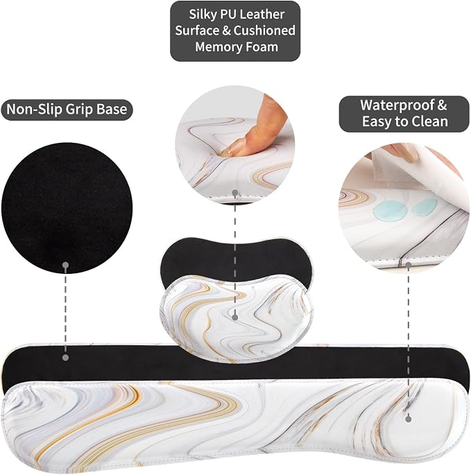 QIYI PU Leather Desk Mat Set, 4-in-1 Ergonomic Wrist Rest, Marble Stripes | Waterproof Large Mouse Pad 31.5×15.7 + Keyboard Wrist Rest + Mouse Wrist Support+Coaster, Non-Slip Office Gaming Accessories