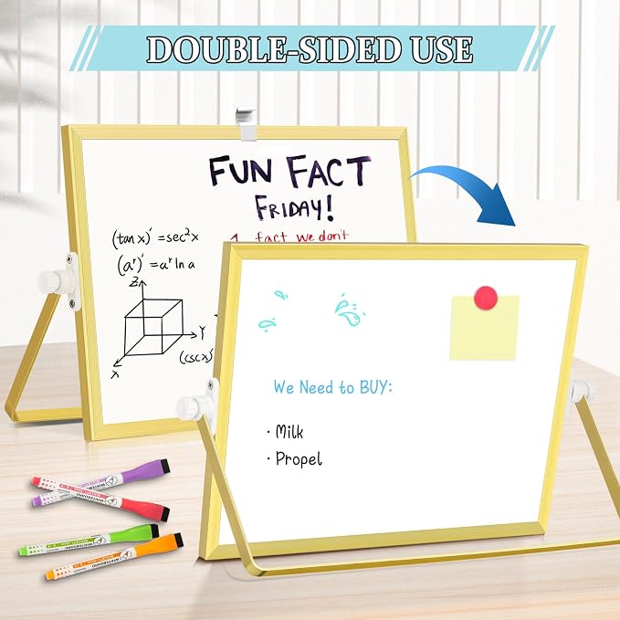 Double-Sided Magnetic White Board with Stand, 12" x 8" (Gold) | Dry Erase Board with Stand, Desktop Whiteboard Easel , Portable Small White board dry erase for Drawing, Office, Home
