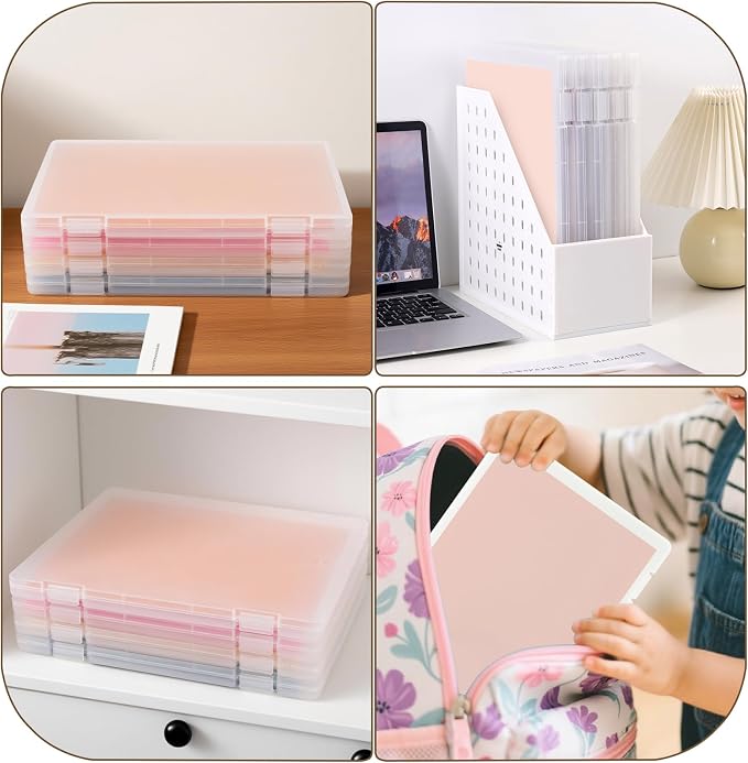 4 Pack A4 Frosted Paper Organizer Box,Project Scrapbook Paper Organizer Containers Portable File Storage with Tight Latch & Suspension Hole & Christmas Stickers for Art Supplies 8.5" x 11" US Letter