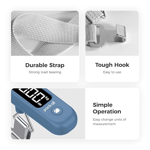 pack all Digital Luggage Scale for Travel, 110Lbs Capacity, 0.1Lb Precision | Handheld, Backlit LCD Display, Lb/Kg/Oz Conversion, Tare Function, Battery Included, Navy