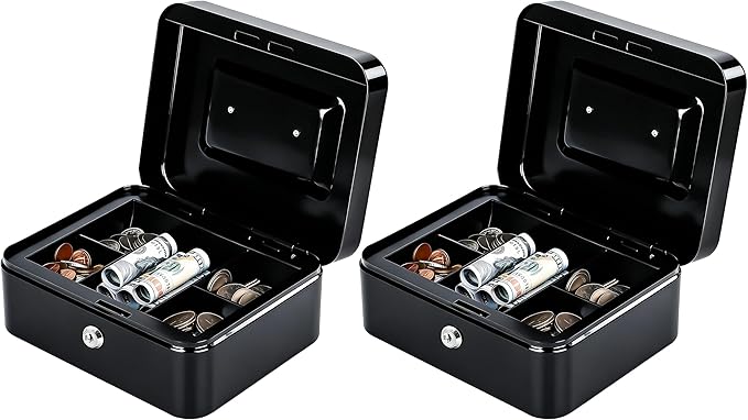 KYODOLED Metal Cash Box with Key Lock & Money Tray - Secure Safe for Home, Office & Events, Ideal for Cash, Meds & Small Items, 7.87" x 6.30" x 3.35", Black, 2 Pack