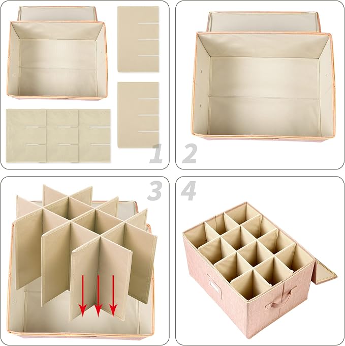popoly Wine Glass Storage Box, Stemware Storage Containers Cases with Dividers, Stackable Moving Supplies for 12 Wine Glasses, Drinkware, Glassware or Crystal (Beige)