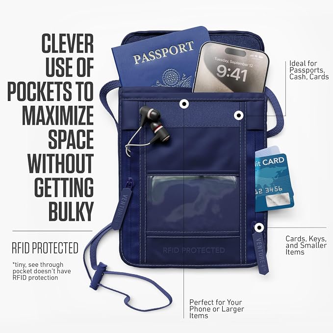 VENTURE 4TH Travel Neck Wallet, RFID Blocking Passport Holder - Sleek Navy
