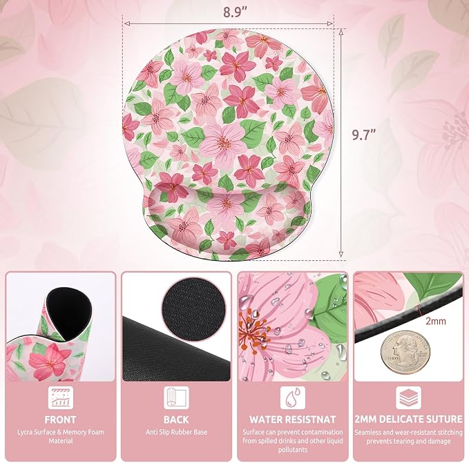 KONVINIT Ergonomic Mouse Pad with Wrist Rest, Small Mousepad with Non-Slip Rubber Base and Smooth Surface, Pink Floral Mouse Pads for Desk, Office Desk Accessories