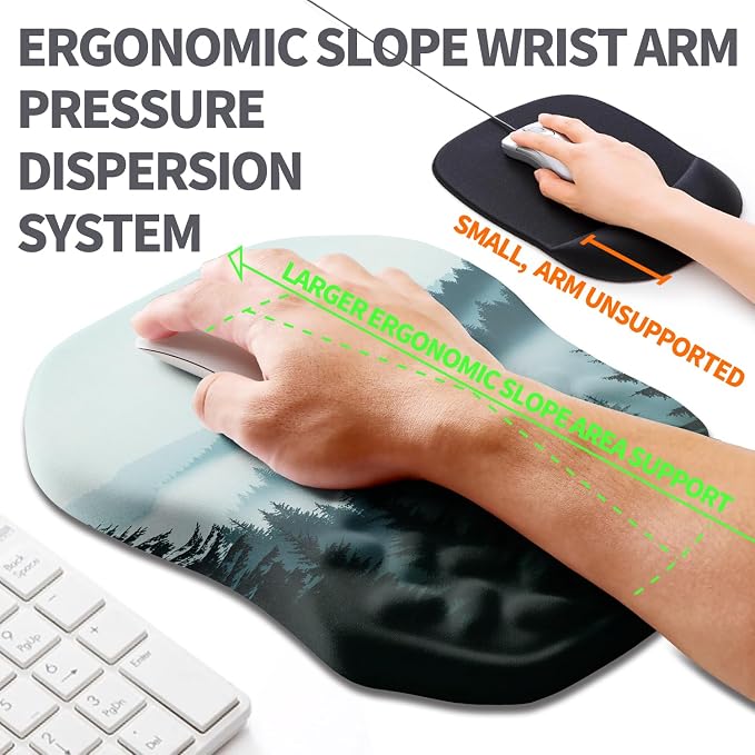 Ergonomic Slope Mouse Pad Wrist Support, Wrist Rest Mousepad for Carpal Tunnel Pain Relief with Massage Bulge and Slow Rebound Memory Foam (12x8 inch, Foggy Forest)