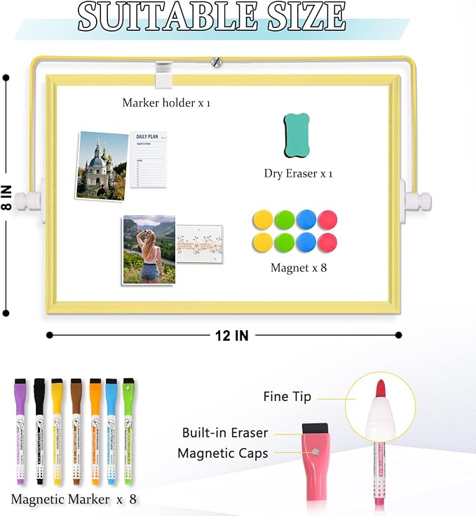 Double-Sided Magnetic White Board with Stand, 12" x 8" (Gold) | Dry Erase Board with Stand, Desktop Whiteboard Easel , Portable Small White board dry erase for Drawing, Office, Home