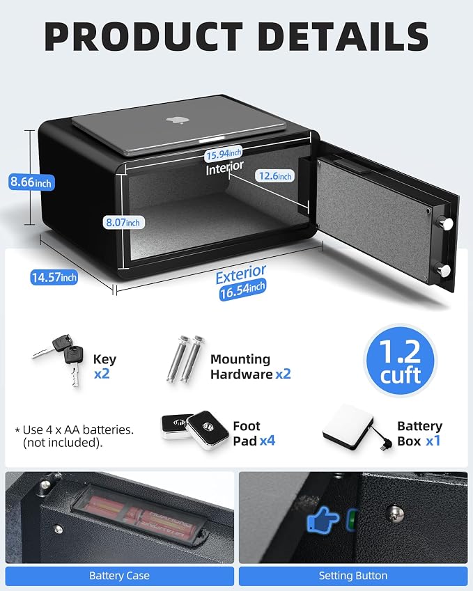 DAYI Safe Box, 1.2 Cu. Ft. Home Safes with Fireproof Bag for Laptop & Docs | Digital Keypad, Dual Alarm System, Solid Alloy Steel, Pry-resistant Door, LED Interior Light, For Office Hotel Use - D-22