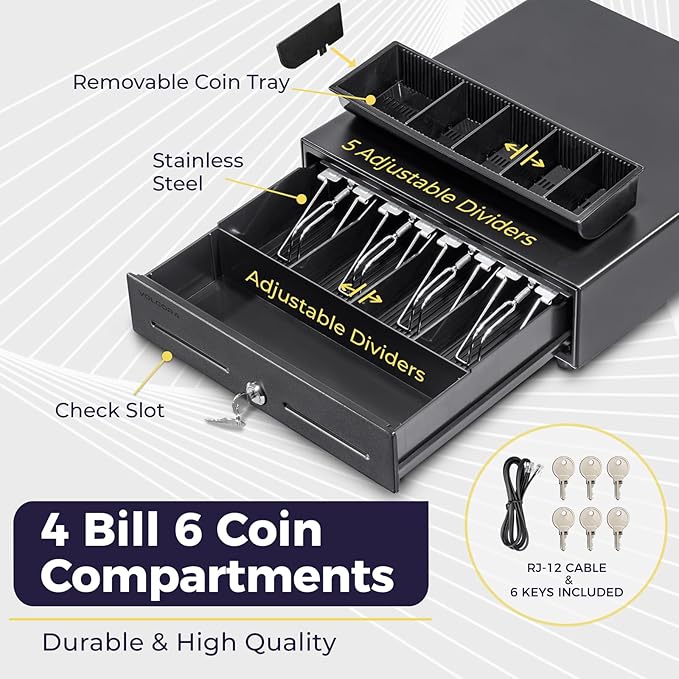 Volcora 13" POS Cash Register Drawer, 4 Bill 6 Coin Tray, Removable Coin Compartment, 12-24V RJ11/RJ12 Key-Lock, Media Slot, Black – Ideal for Small Businesses