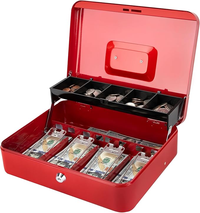 Jssmst Cash Box with Money Tray and Lock -Red Cash Box with Key Lock Safe Money Box Large, Locking Cash Register Drawer Box for Money, 11.8'' x 9.5'' x 3.5'', SM-CB005RED
