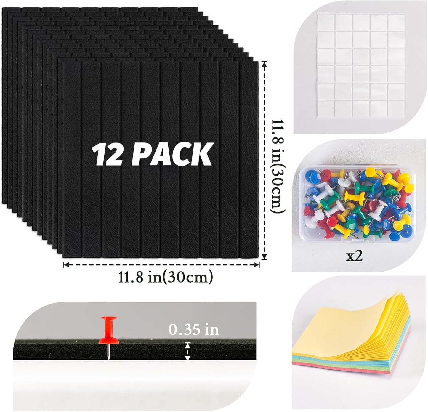 Large Cork Board Alternative, 12 Pack Felt Board with Safe Removable Adhesive Tabs Felt Wall Tiles, Large Cork Boards for Walls, Cork Board for Home Office, Pin Boards for Walls, Stripe Black