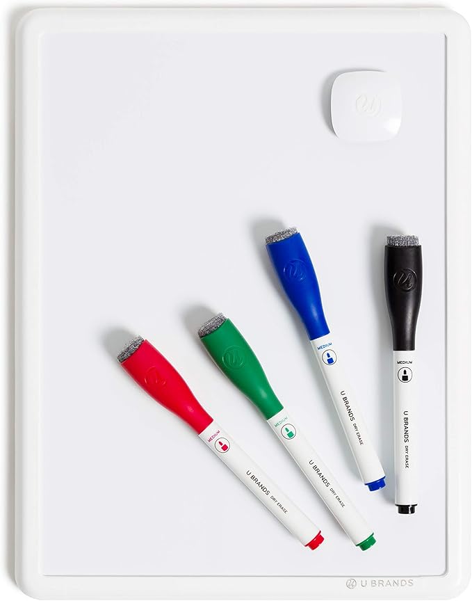 U Brands Contempo Magnetic Small Whiteboard, 8.5” x 11”, White Modern Frame, Mini White Board for Students, Fridge and Locker Dry Erase Board, Includes 4 Markers & Magnet