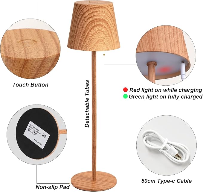 Kakanuo Wood Grain Cordless Table Lamp Rechargeable - 2 Pack 5000mAH Battery Operated Lamp for Counter, 3 Color Stepless Dimming Wireless Lamp for Dining Kitchen, Outdoor Patio, Touch Control
