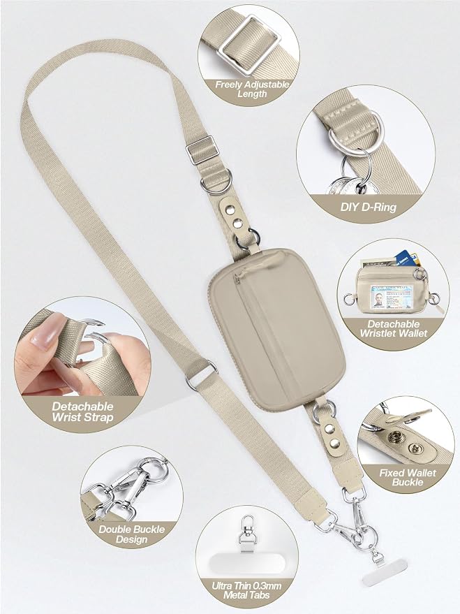 Tiostep Clip and Go Strap for Phone with Wallet Crossbody Phone Lanyard Adjustable and Detachable RFID Wristlet Wallet (Khaki, Medium)