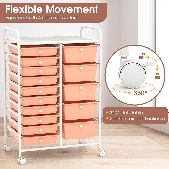 COSTWAY 15 Drawer Rolling Storage Cart, Mobile Storage Organizer | Removable Drawers & Metal Frame, Multipurpose Utility Tools Paper Organizer on Wheels for Home, Office (Peach)