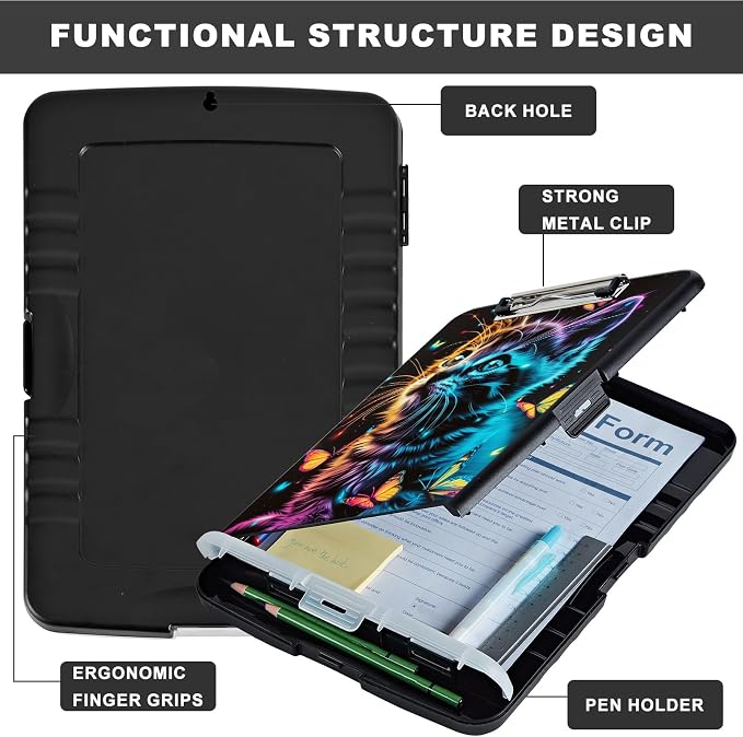 Clipboard with Storage,Storage Clipboard with Pen Holder,Heavy Duty Plastic Storage Clipboard with Low Profile Clip,Teacher Must Haves,Clipboard Folder,Office Supplies,Cat and Butterflies -1349