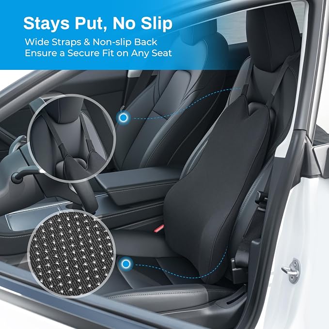 Lumbar Support Pillow for Car – Memory Foam Whole Back Relief | Adjustable Straps, Washable Cover, Anti-Slip – Daily Commute & Long Trips – 16.9"x20.9"(2.4" Thin) – Trusted by Pro Drivers