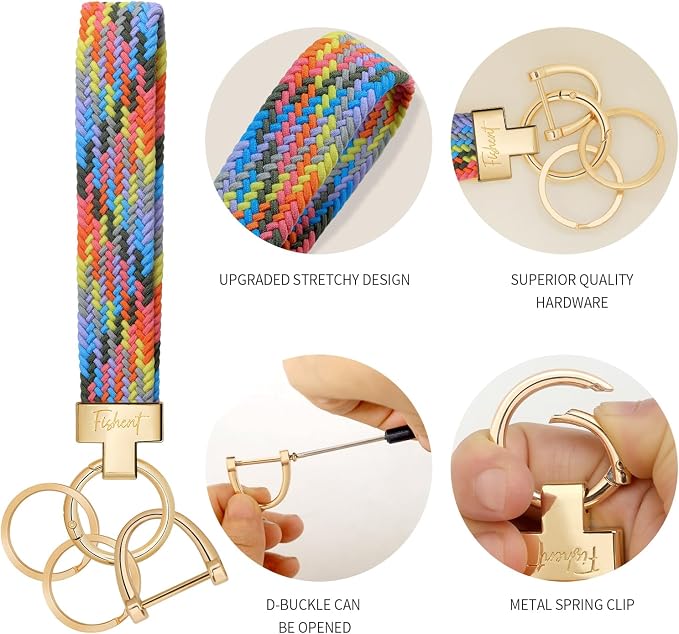 Fishent Stretchy Wristlet Keychain, Cute Key Chain, Woven Wrist Lanyard for Car Keys with 3 Keyrings and D-ring for Women Men
