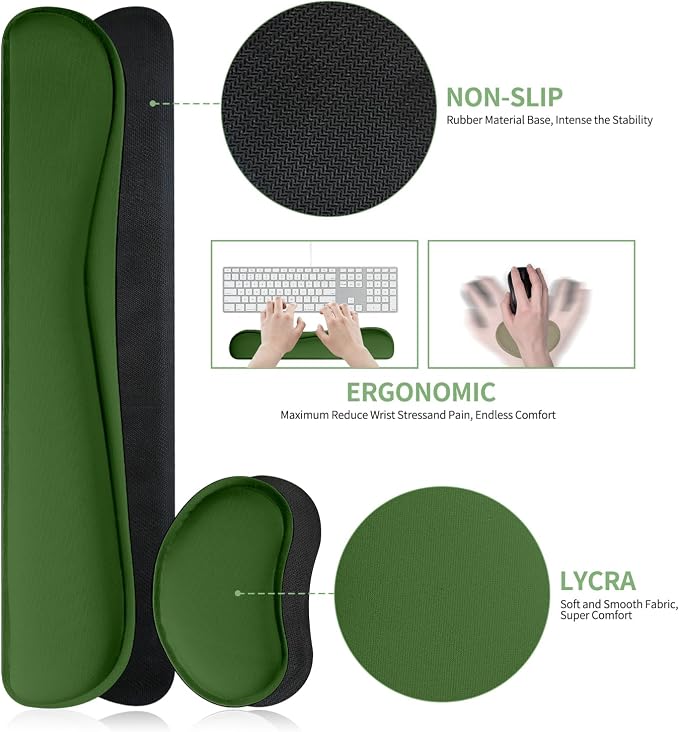 Keyboard and Mouse Pad, 3-in-1 Desk Mat Set Keyboard Wrist Rest | 31.5" x 15.7" Desk Mat, Ergonomic Wrist Rest for Computer Keyboard, Non-slip Base, Waterproof Computer Mat, Olive Green