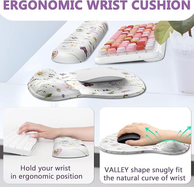 AKITErgonomic Mouse Pad with Wrist Rest for Computer Keyboard, Memory Foam | Cute Flower Keyboard Mouse Pad with Wrist Support Soft, Mousepad Gaming Wrist Pad for Office Work Desk