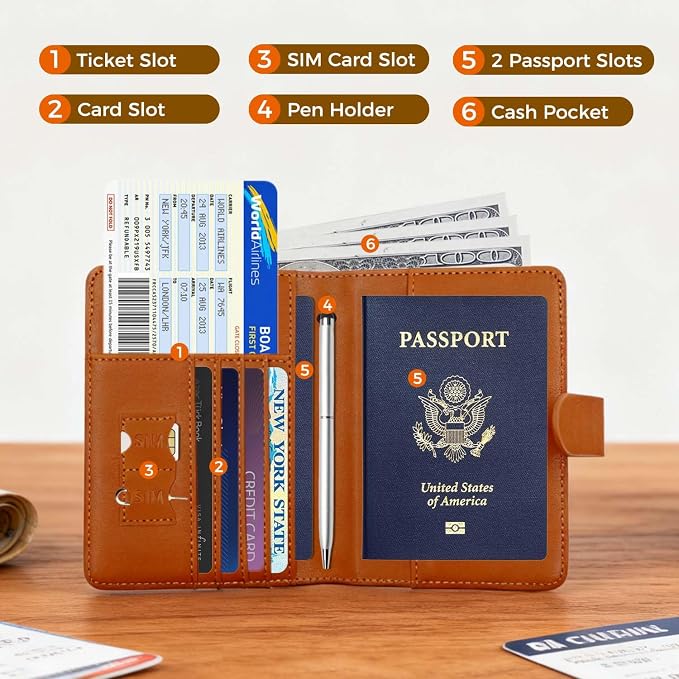 Melsbrinna Premium Leather Passport Holder Covers Case, Waterproof Rfid Blocking Travel Wallet Passport Holder with Pen Holder, Cute Passport Book for Women/Men