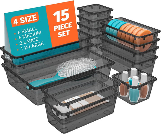 15 PCS Clear Plastic Drawer Organizer Set, 4-Size Acrylic Drawer Storage Trays, Storage Bins for Makeup, Gadgets, and Jewelry in Bathroom, Bedroom and Office, Clear Black