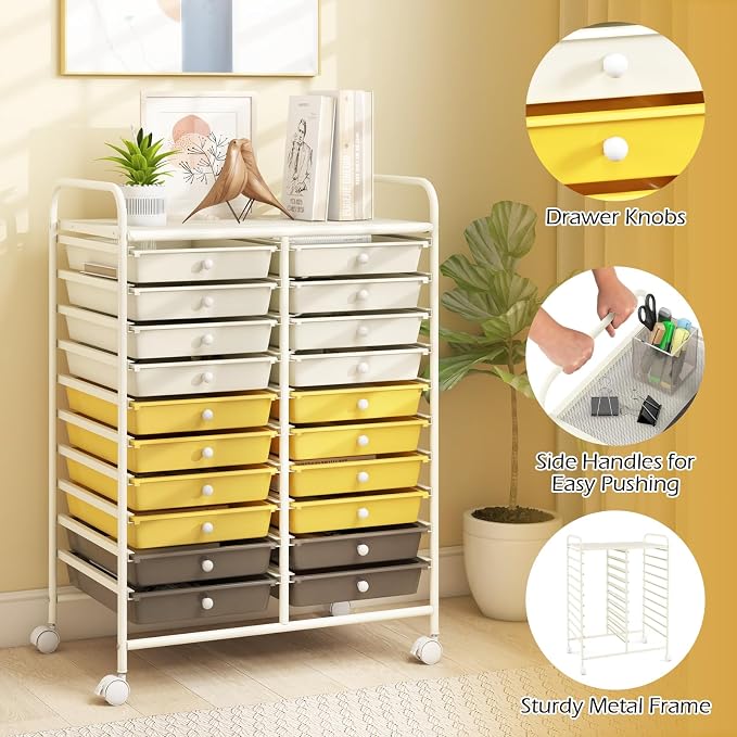 RELAX4LIFE 20 Drawer Rolling Storage Cart, Mobile Rolling Cart w/Drawers for School Classroom Teacher Office Home Salon, Paper File Art Supply Craft Organizer, Utility Cart on Wheels (Yellow)