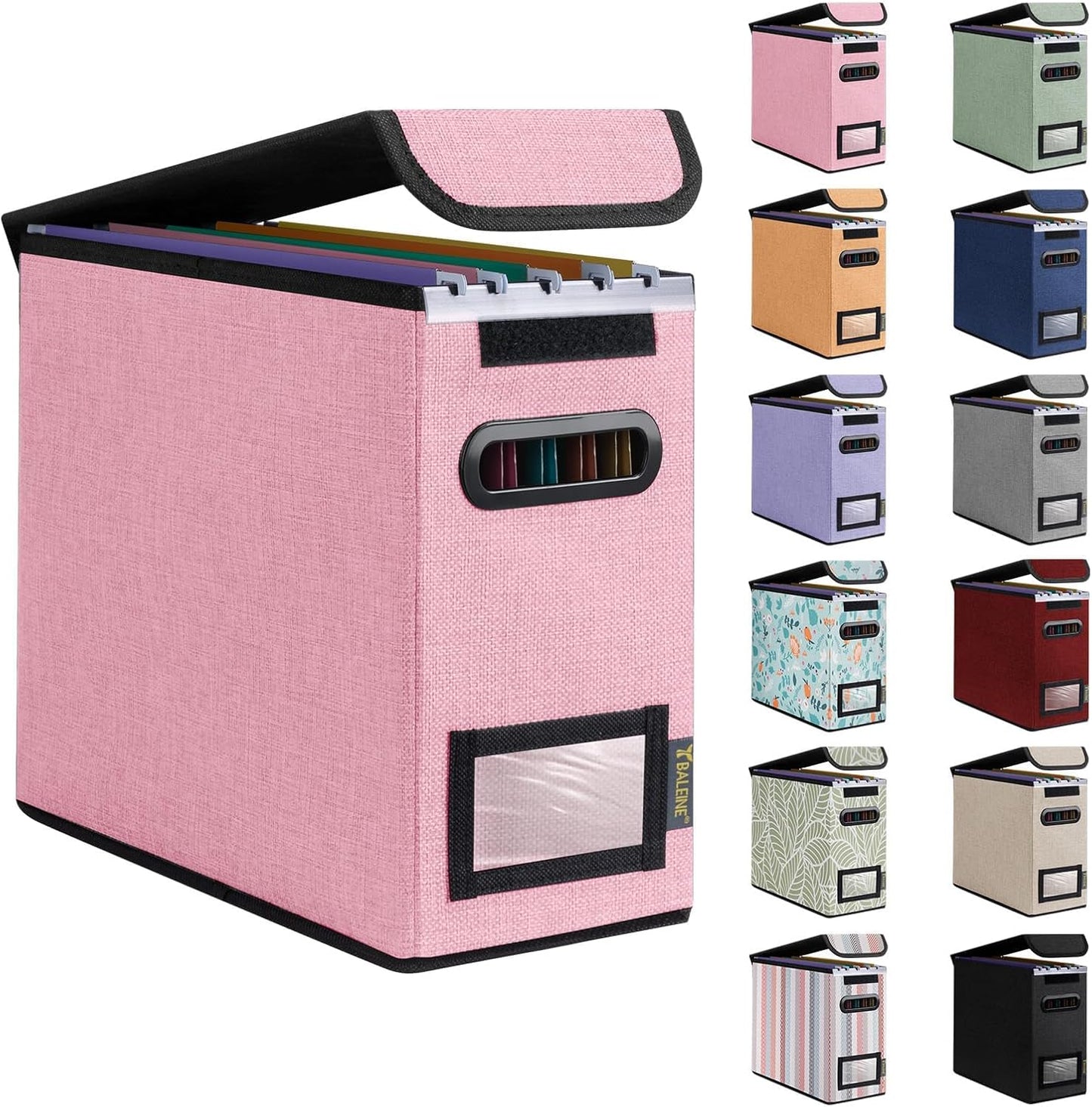 BALEINE File Organizer Box with Lid, Collapsible File Folder Organizer with Plastic Slide, Hanging File Folder Box for Office Document Storage (1 Pack, Pink, S)