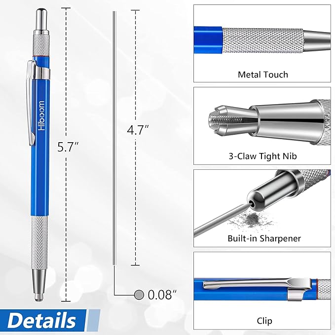 Hiboom 2 Pcs Welders Pencil with 24 Pcs Silver Round Refills, Mechanical Pencils Metal Marker with Built in Sharpener for Pipe Fitter Welder Steel Construction Fabrication Woodworking, Design Patent